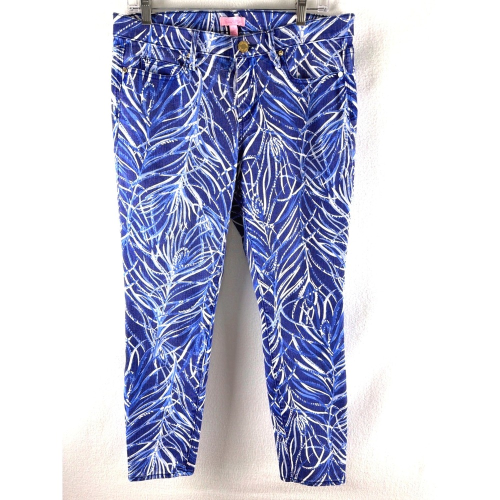 Lilly Pulitzer South Ocean Skinny Jeans Blue White Palm Leaf Print Sz 12 Coastal